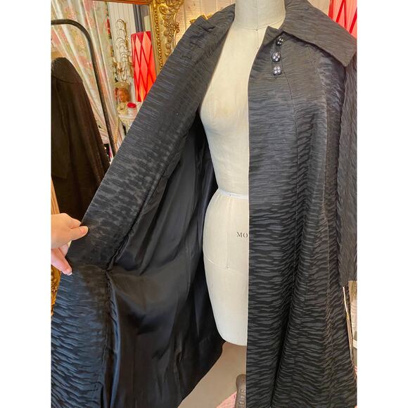 vintage 1950s black swing coat trapeze timeless shawl collar rhinestone maisel m - Picture 2 of 9